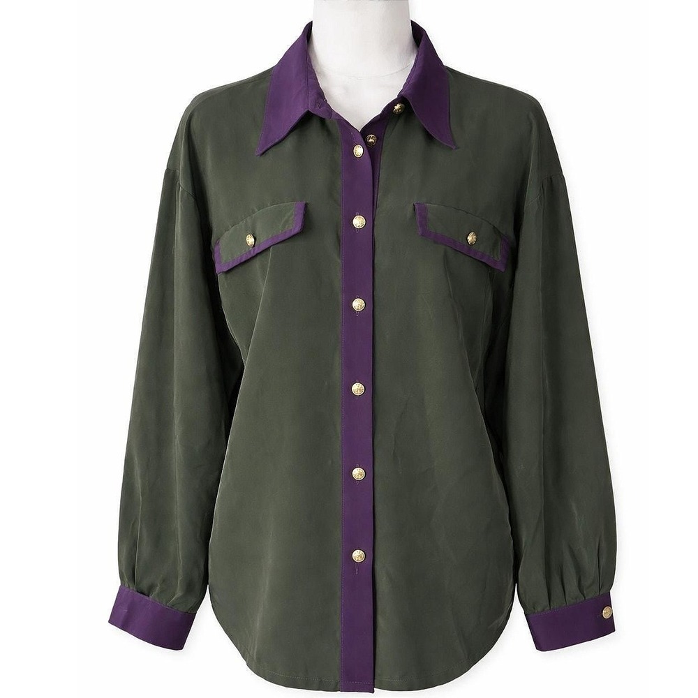 Piera Bertolasi Olive & Purple 100% Silk Blouse Gold Button Vintage Chic Small